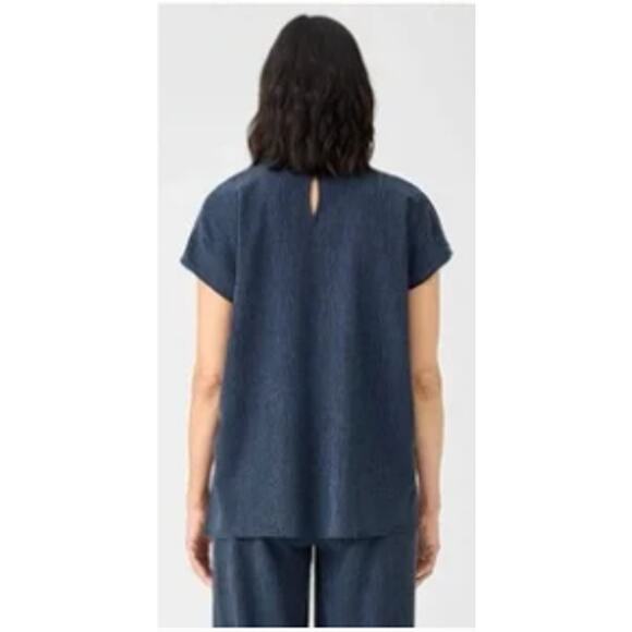Eileen Fisher Teal-Blue Woven Plisse Mock Neck Top Crepe Tencel Short Sleeve S - Picture 2 of 7